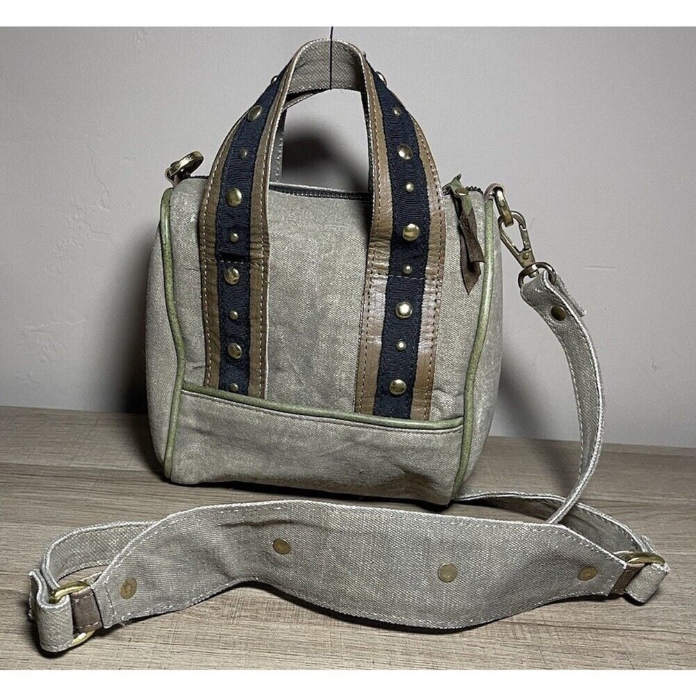 Mona B Small Squared Crossbody With Handle Top Canvas Purse Tan With Studs 8x8x4